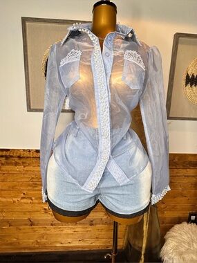 NWT Chic Sheer Blue Beaded Women's Long Sleeve Blouse